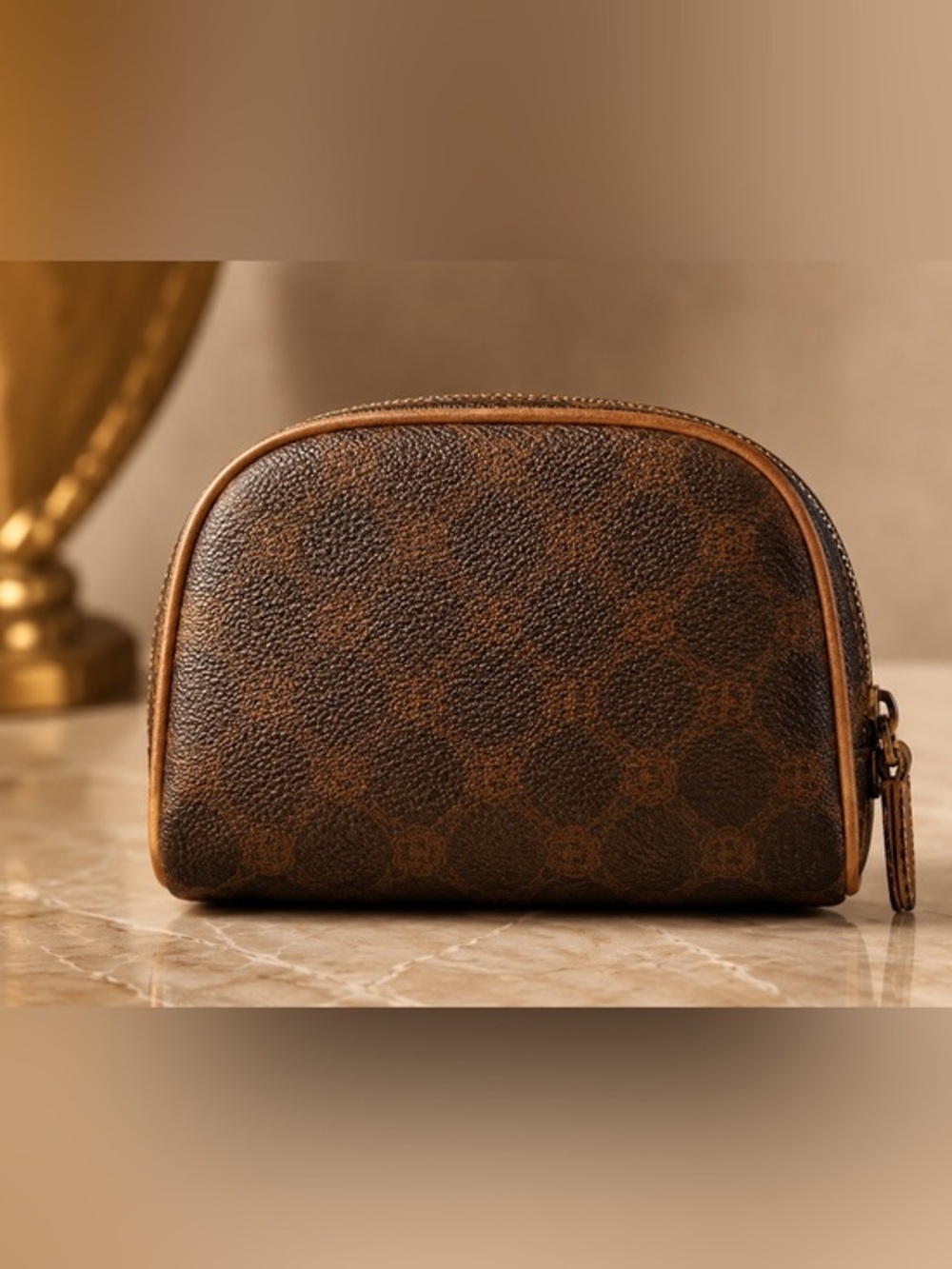 Vintage Bally International Monogram Cosmetic Bag Made in Italy Brown Zip Pouch